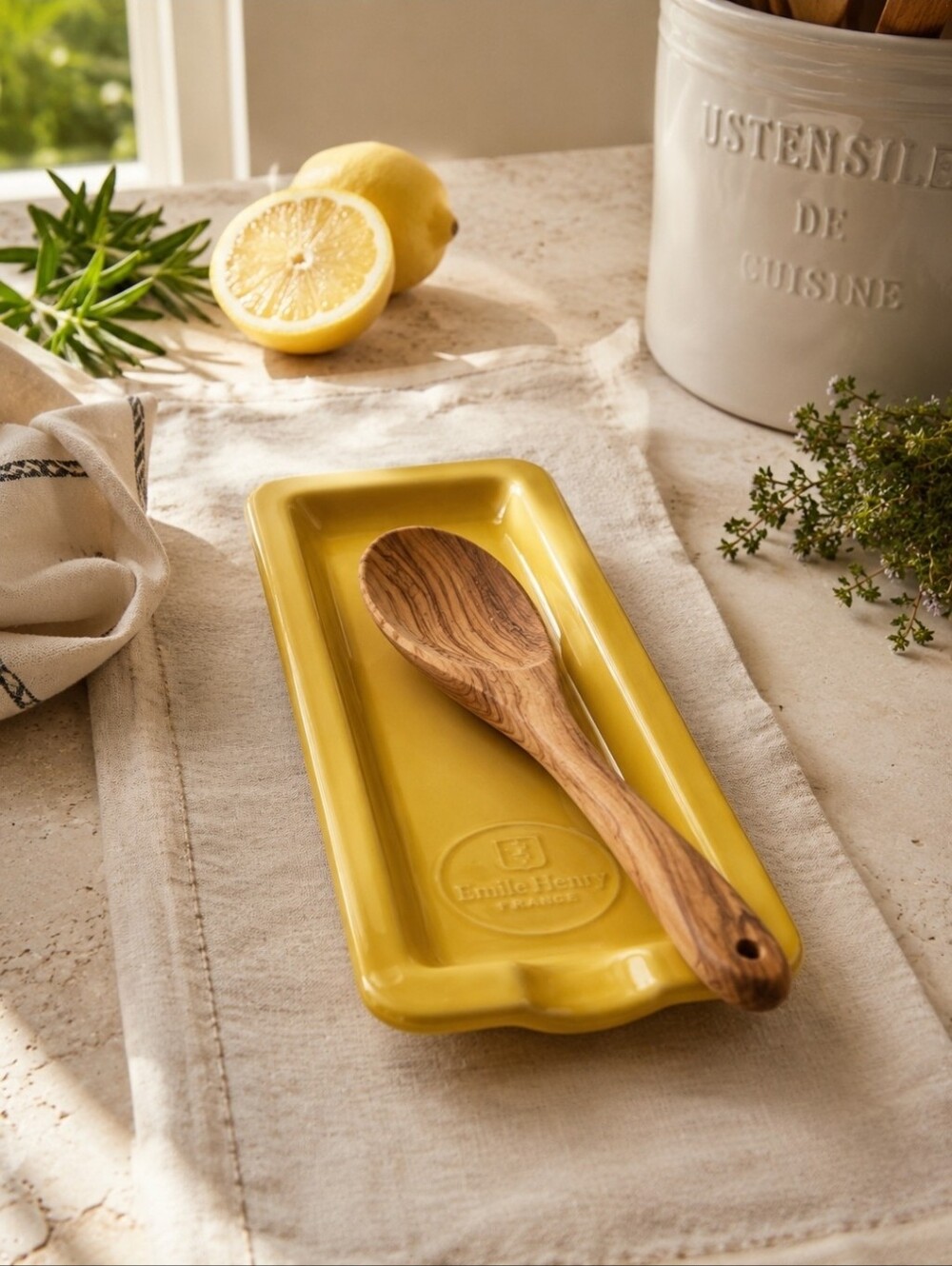 Vintage Emile Henry France Yellow Spoon Rest | French Ceramic Farmhouse Kitchen